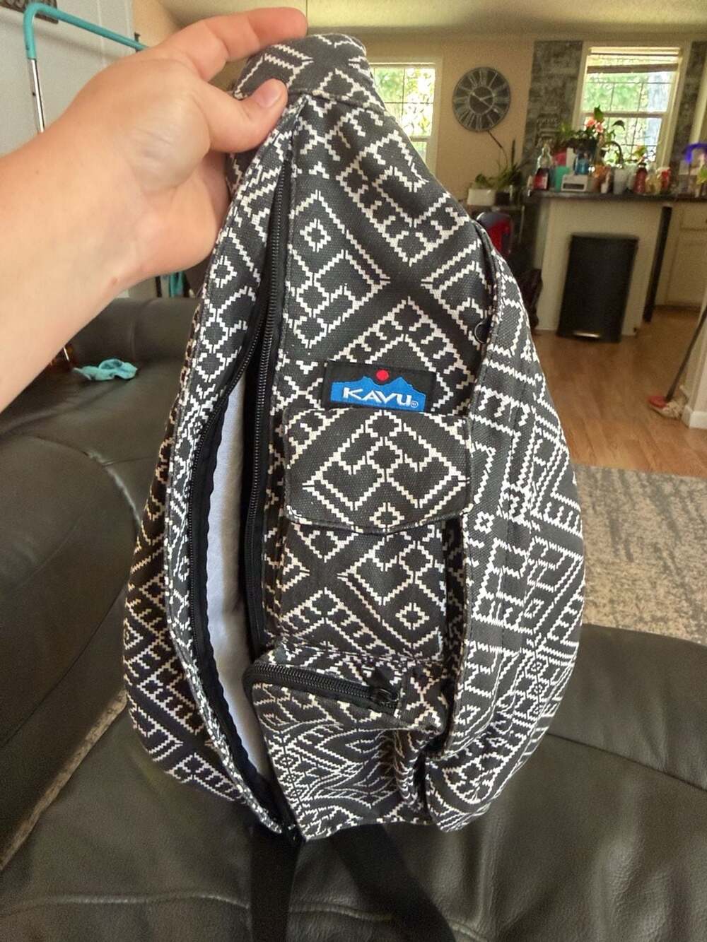 KAVU Rope Bag Sling Backpack Black White Geometric Print